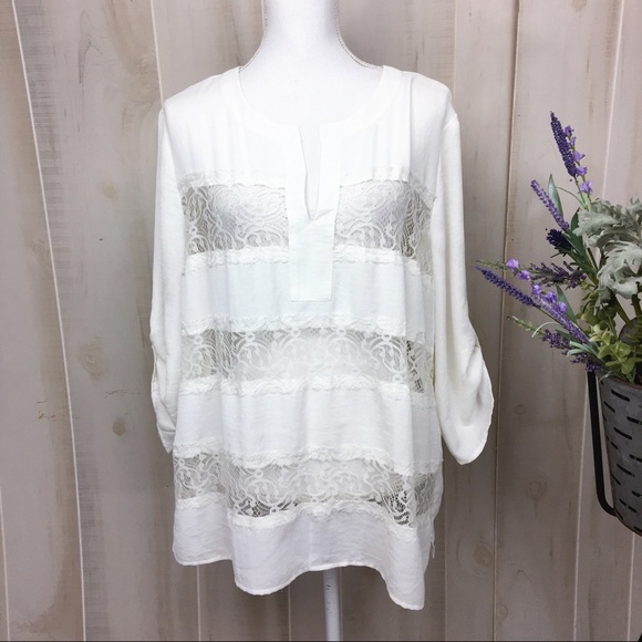 Chico's Tops - Chico’s White Lace Stripe 3/4 Sleeve Blouse